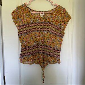 Yellow floral blouse with knot in front